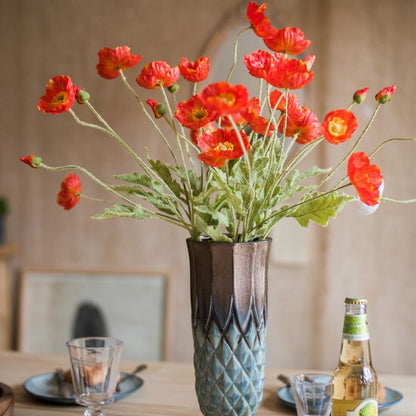 Silk Common Poppy Flower Stem 22in tall in a blue vase, red-orange blooms, RusticReach on Tampa Home & Garden Store