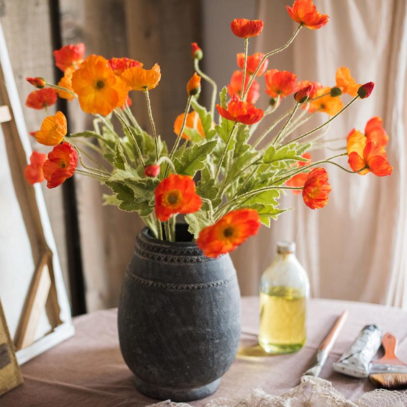 Silk Poppy Flower Stem 22in tall, orange blooms RusticReach artificial bouquet in a gray vase on Tampa Home & Garden Store