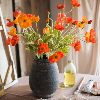 Silk Poppy Flower Stem 22in tall, orange blooms RusticReach artificial bouquet in a gray vase on Tampa Home & Garden Store