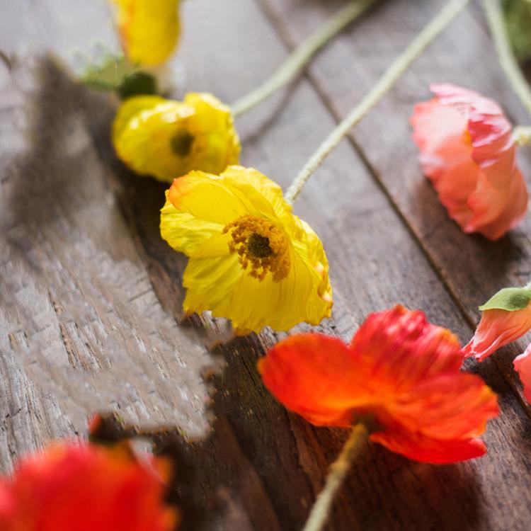 Silk Common Poppy Flower Stems 22 in tall with yellow and orange blooms on rustic wood on Tampa Home & Garden Store