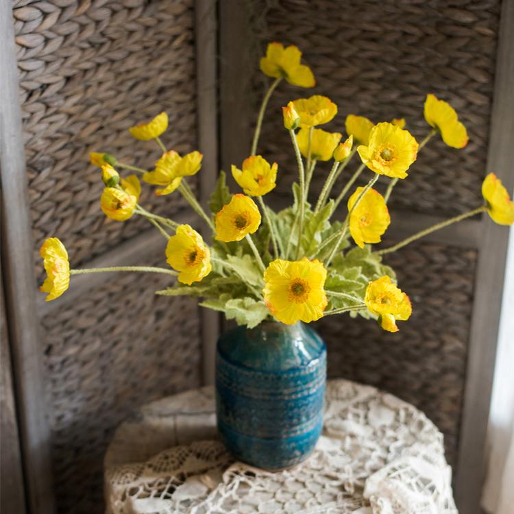 Silk Common Poppy Flower Stem with yellow blooms in blue vase 22in tall RusticReach on Tampa Home & Garden Store
