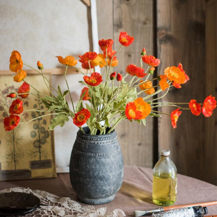 Silk Common Poppy Flower Stem with orange-red blooms in a gray vase RusticReach on Tampa Home & Garden Store