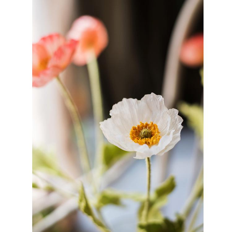Faux silk poppy stem white bloom with orange center, 22 inches tall artificial flowering plant on Tampa Home & Garden Store