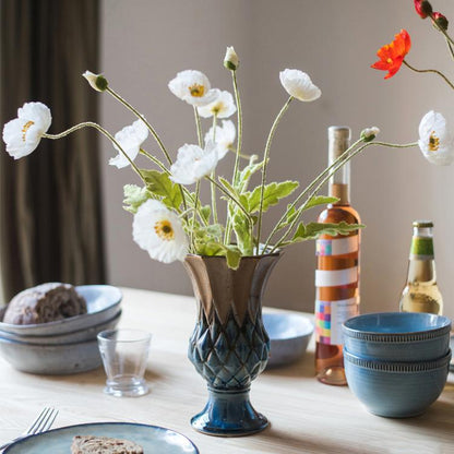 Faux Silk Poppy Flower Stems white blooms in blue ceramic vase RusticReach on Tampa Home & Garden Store