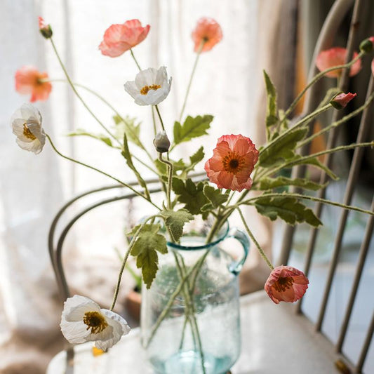 Faux silk poppy stems by RusticReach, pink and white, 22 inch tall artificial plant in vase on Tampa Home & Garden Store