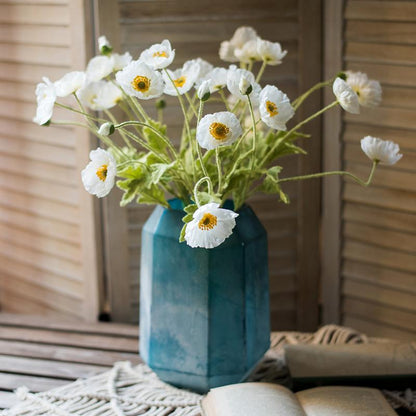 Faux silk poppy stems bouquet in white with yellow centers, 22-inch tall in blue vase RusticReach on Tampa Home & Garden Store
