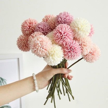 Stevvex silk flower bouquet pastel pink peach white pom-pom blooms with green stems on Tampa Home & Garden Store