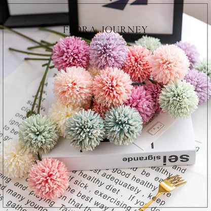 Silk flower bouquet ball with pastel pom-pom blooms in pink, peach, lavender, mint green on Tampa Home & Garden Store