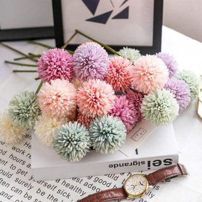 Stevvex silk flower bouquet ball with pastel pom-pom blooms, assorted colors for home decor on Tampa Home & Garden Store
