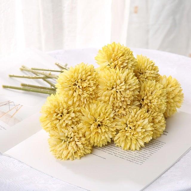 Stevvex yellow silk flower bouquet with fluffy pom-pom blooms, artificial chrysanthemums on Tampa Home & Garden Store