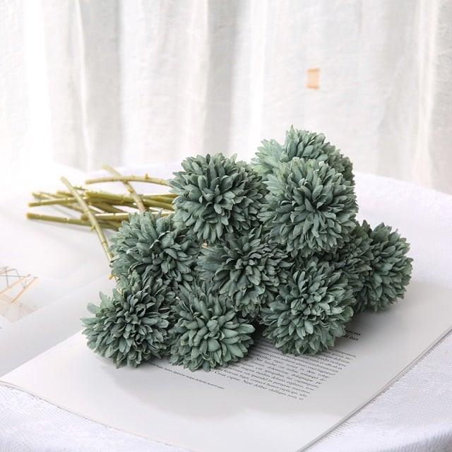 Silk flower bouquet Stevvex, green pom-pom ball stems, 6-stem artificial arrangement on Tampa Home & Garden Store