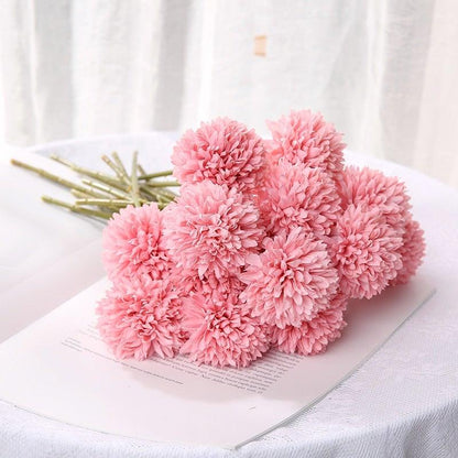 Stevvex pink silk flower bouquet with fluffy pom-pom blooms for home decor on Tampa Home & Garden Store