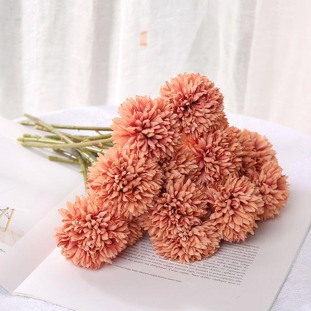 Stevvex silk flower bouquet peach ball-mums, artificial wedding decor on Tampa Home & Garden Store