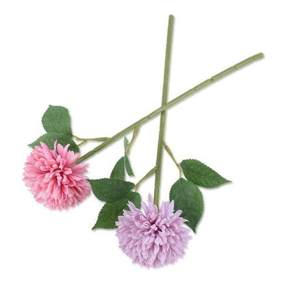Silk flower bouquet with two pink and lavender pom-pom blooms on green stems and leaves on Tampa Home & Garden Store