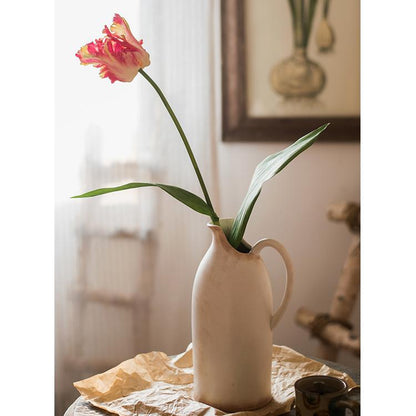 Faux silk flame tulip stem in a beige ceramic pitcher, pink-yellow bloom, 24in tall, RusticReach on Tampa Home & Garden Store