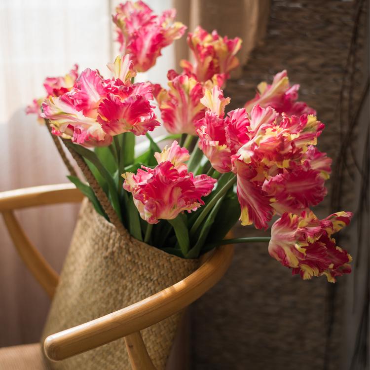 Faux Silk Flame Tulip Stem by RusticReach, pink-cream petals, 24" tall in a woven basket on Tampa Home & Garden Store