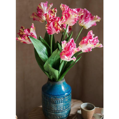 Faux Silk Flame Tulip stem bouquet, pink and white fringe petals, 24 in tall in blue vase on Tampa Home & Garden Store