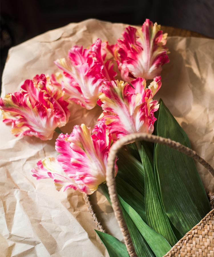 Faux silk flame tulip stem, pink/white petals, yellow tips, 24 in tall, RusticReach on Tampa Home & Garden Store