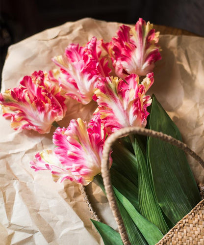 Faux silk flame tulip stem, pink/white petals, yellow tips, 24 in tall, RusticReach on Tampa Home & Garden Store