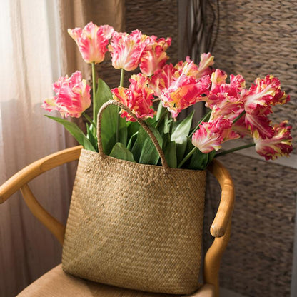 Faux Silk Flame Tulip Stem 24in tall with pink-cream petals and green leaves in a tote basket on Tampa Home & Garden Store