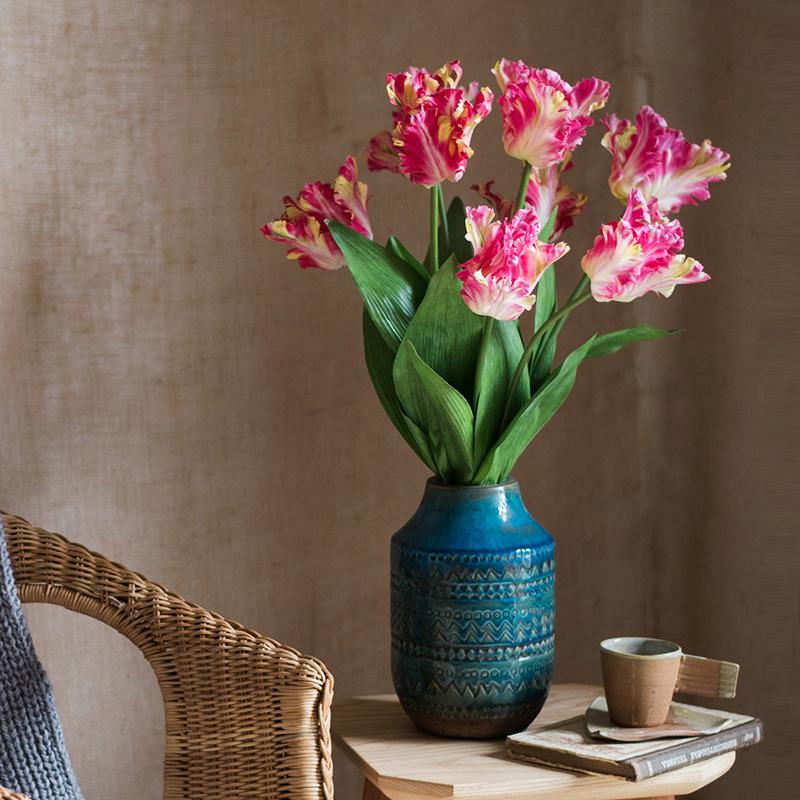 Faux Silk Flame Tulip Stem 24-inch tall by RusticReach in a blue patterned ceramic vase on Tampa Home & Garden Store