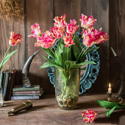 RusticReach Faux Silk Flame Tulip Stem 24 Tall in a vase with pink petals and green leaves on Tampa Home & Garden Store