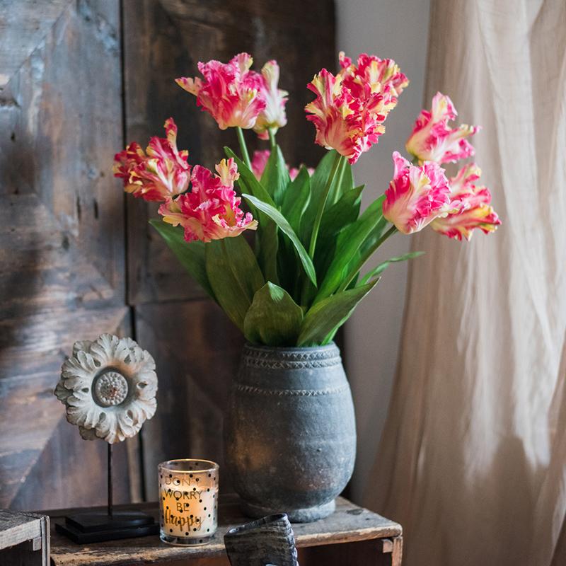 Faux silk flame tulip stem 24in pink-cream blossoms and green leaves in a rustic gray vase on Tampa Home & Garden Store