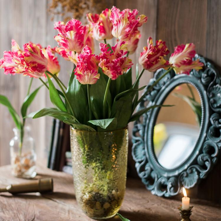 Faux Silk Flame Tulip Stem RusticReach in a gold vase with pink-red blooms 24 in tall on Tampa Home & Garden Store