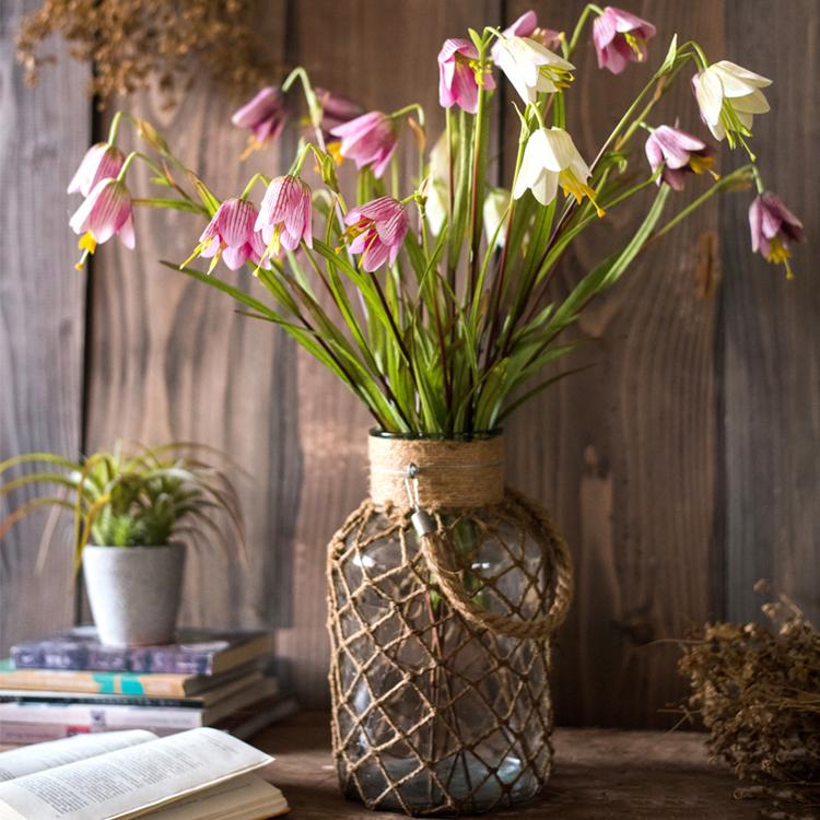 Faux Silk Fritillaries Lily Stem, RusticReach, pink/purple, 26 tall in twine-wrapped glass jar on Tampa Home & Garden Store