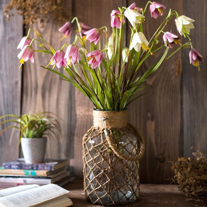 Faux Silk Fritillaries Lily Stem, RusticReach, pink/purple, 26 tall in twine-wrapped glass jar on Tampa Home & Garden Store