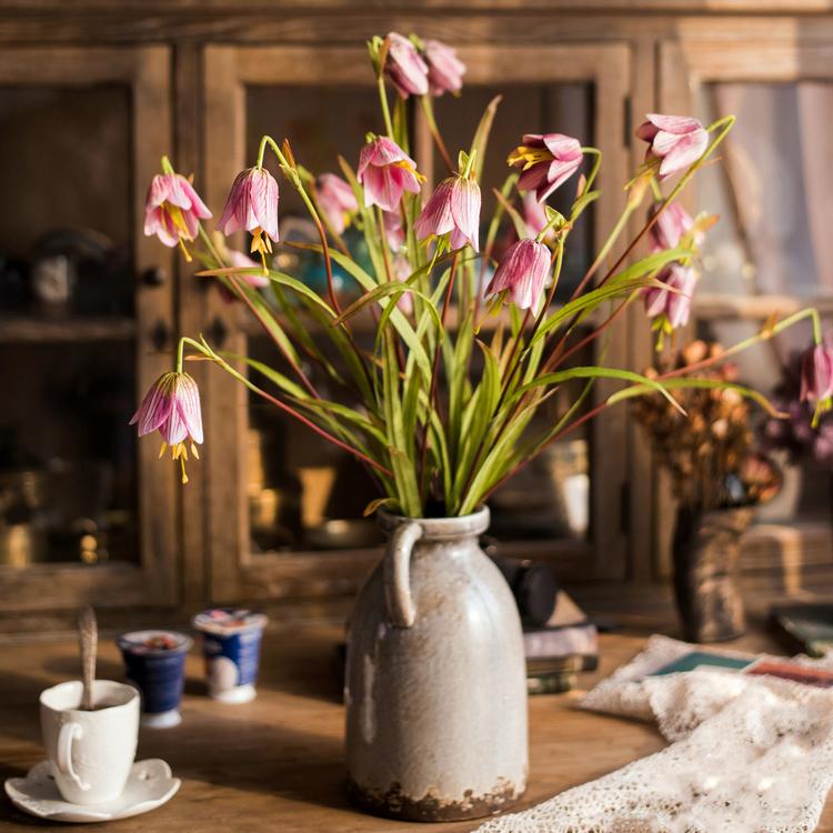 Faux Silk Fritillaries Lily Stem pink and purple in RusticReach in a stoneware pitcher on Tampa Home & Garden Store