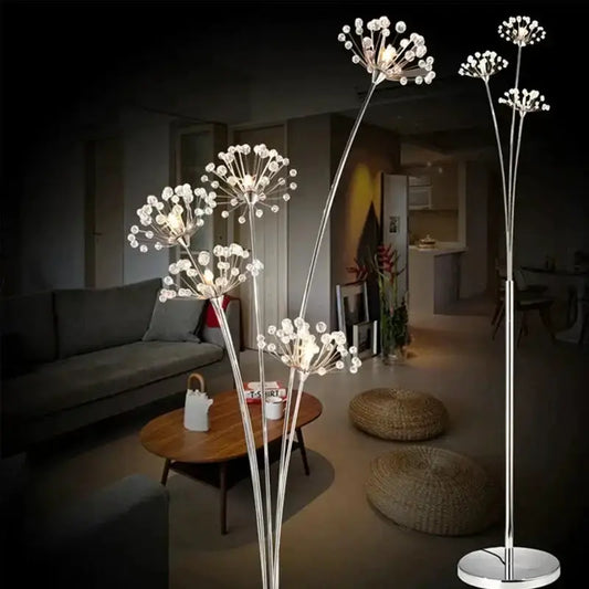 Silver crystal dandelion LED floor lamp with chrome stems and bulb clusters for living room on Tampa Home & Garden Store