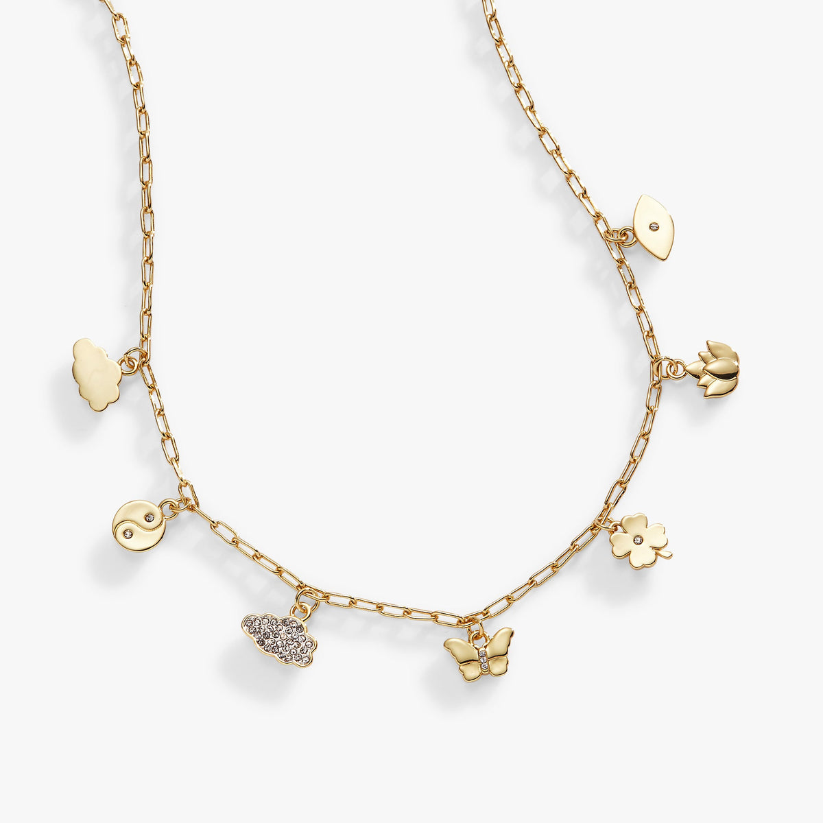 Silver Linings Charm Necklace in gold-tone with flower, butterfly, cloud charms on a chain on Tampa Home & Garden Store