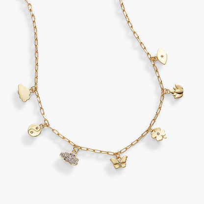 Silver Linings Charm Necklace in gold-tone with flower, butterfly, cloud charms on a chain on Tampa Home & Garden Store