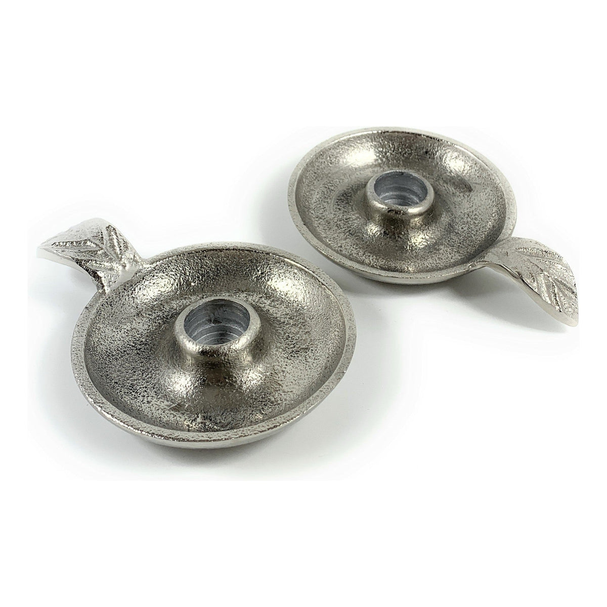 Vibhsa silver taper candlestick holder dish set of 2 with leaf handle rustic aluminum on Tampa Home & Garden Store
