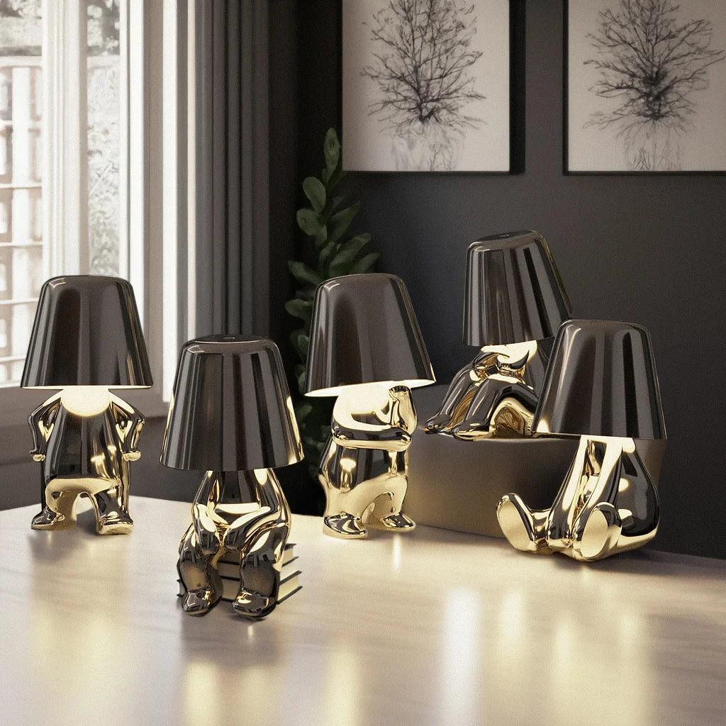 Silver Thinker LED Table Lamps Set by Moktan Sabai; animal-shaped metal lamps with black shades on Tampa Home & Garden Store