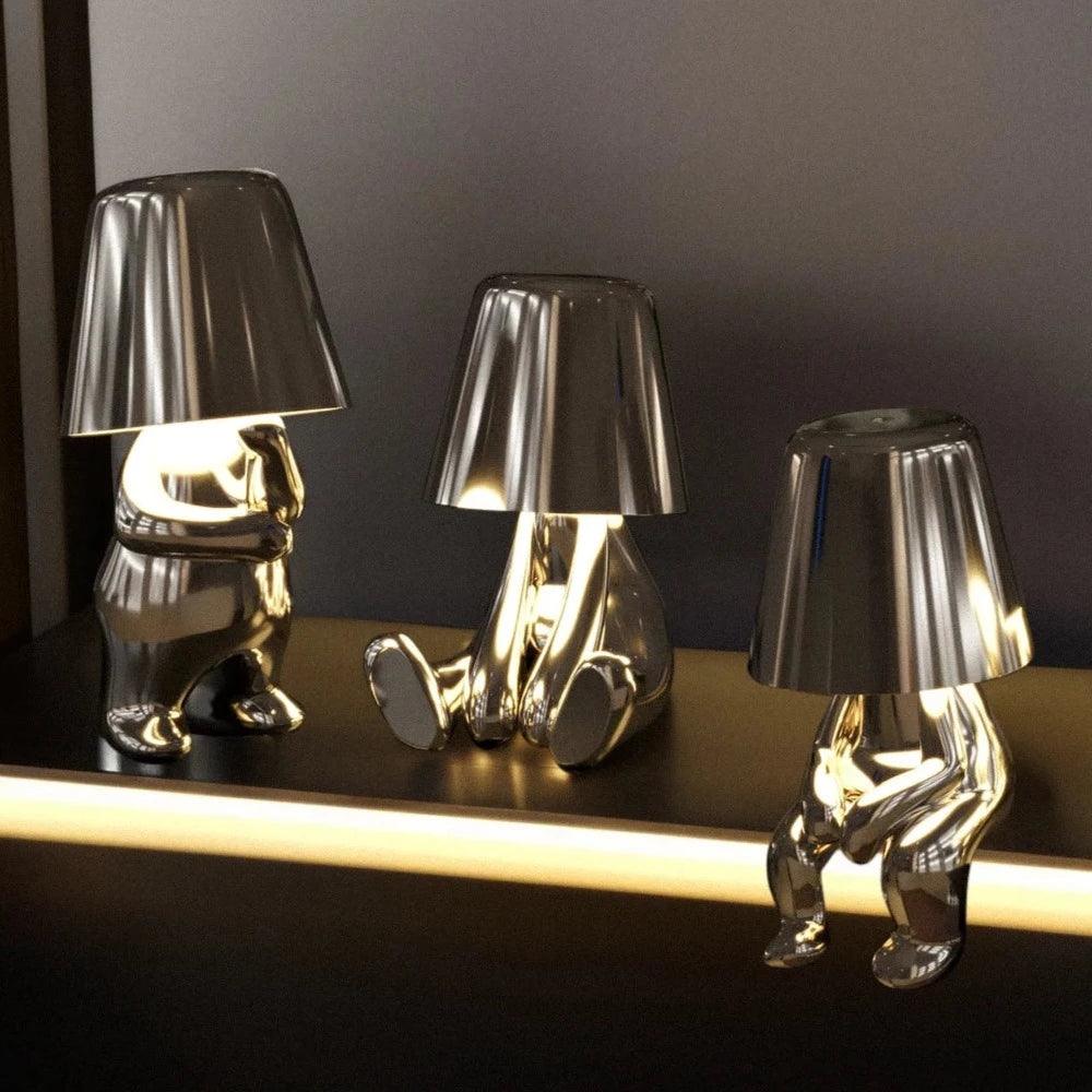 Silver Thinker LED Table Lamps Set by Moktan Sabai, polished chrome metal three-piece sculptural lamps on Tampa Home & Garden Store