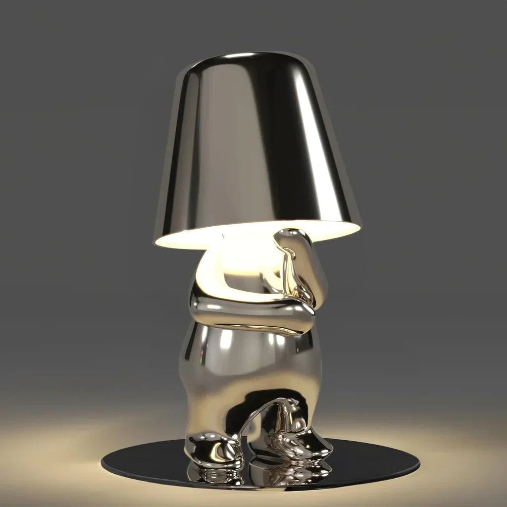 Silver Thinker LED table lamp set with chrome sculptural base and black shade on Tampa Home & Garden Store