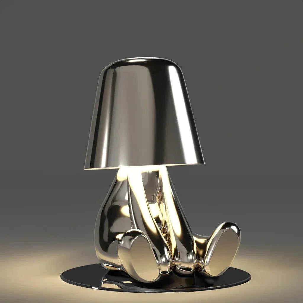 Silver Thinker LED Table Lamp Set Moktan Sabai, chrome sculpture with metal shade on Tampa Home & Garden Store