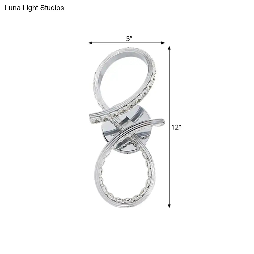Chrome infinity wall sconce with two interlocking crystal rings, 5in wide by 12in tall on Tampa Home & Garden Store