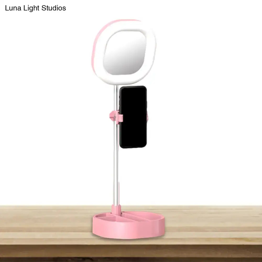 Light Blue LED Vanity Light by Decorbites with ring lamp on pink base and phone mount on Tampa Home & Garden Store
