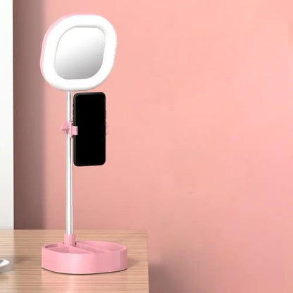 Light Blue LED Vanity Light with mirror ring on pink adjustable stand and phone clip holder on Tampa Home & Garden Store