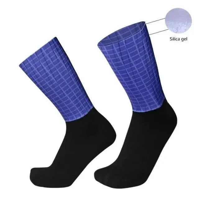 Anti-slip silicone cycling socks pair by Stevvex blue grid-pattern upper black feet on Tampa Home & Garden Store