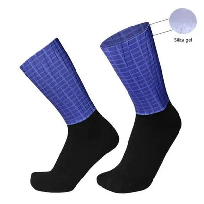 Anti-slip silicone cycling socks pair by Stevvex blue grid-pattern upper black feet on Tampa Home & Garden Store