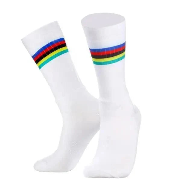 Stevvex men's athletic cycling socks, white with rainbow-striped cuffs, lightweight breathable on Tampa Home & Garden Store