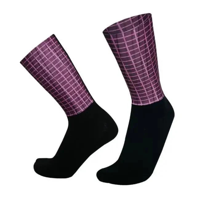 Stevvex athletic socks, purple checkered upper, black foot, anti-slip cycling socks on Tampa Home & Garden Store