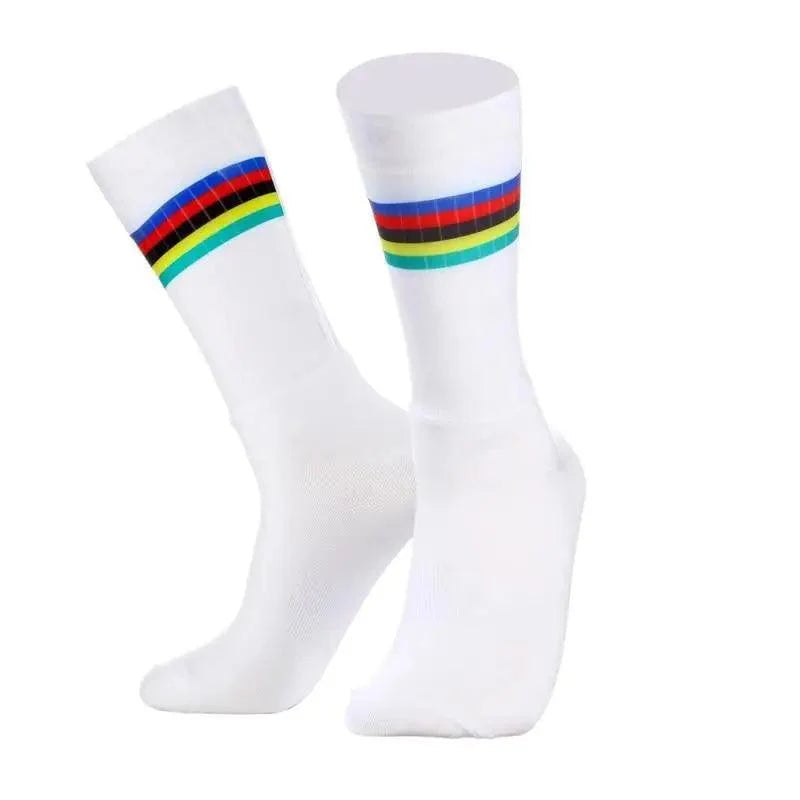 White athletic socks by Stevvex with striped cuffs, anti-slip silicone grip, cycling socks on Tampa Home & Garden Store