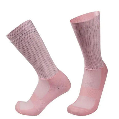 Stevvex athletic socks anti-slip silicone cycling socks, pink breathable mesh calf-length pair on Tampa Home & Garden Store