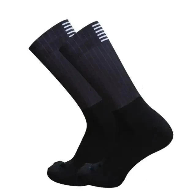 Stevvex men's anti-slip silicone cycling socks pair, navy blue with white stripes on Tampa Home & Garden Store