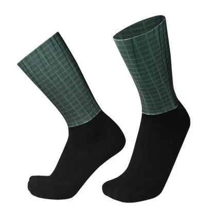 Stevvex athletic socks with anti-slip silicone grip, black feet and green grid top on Tampa Home & Garden Store